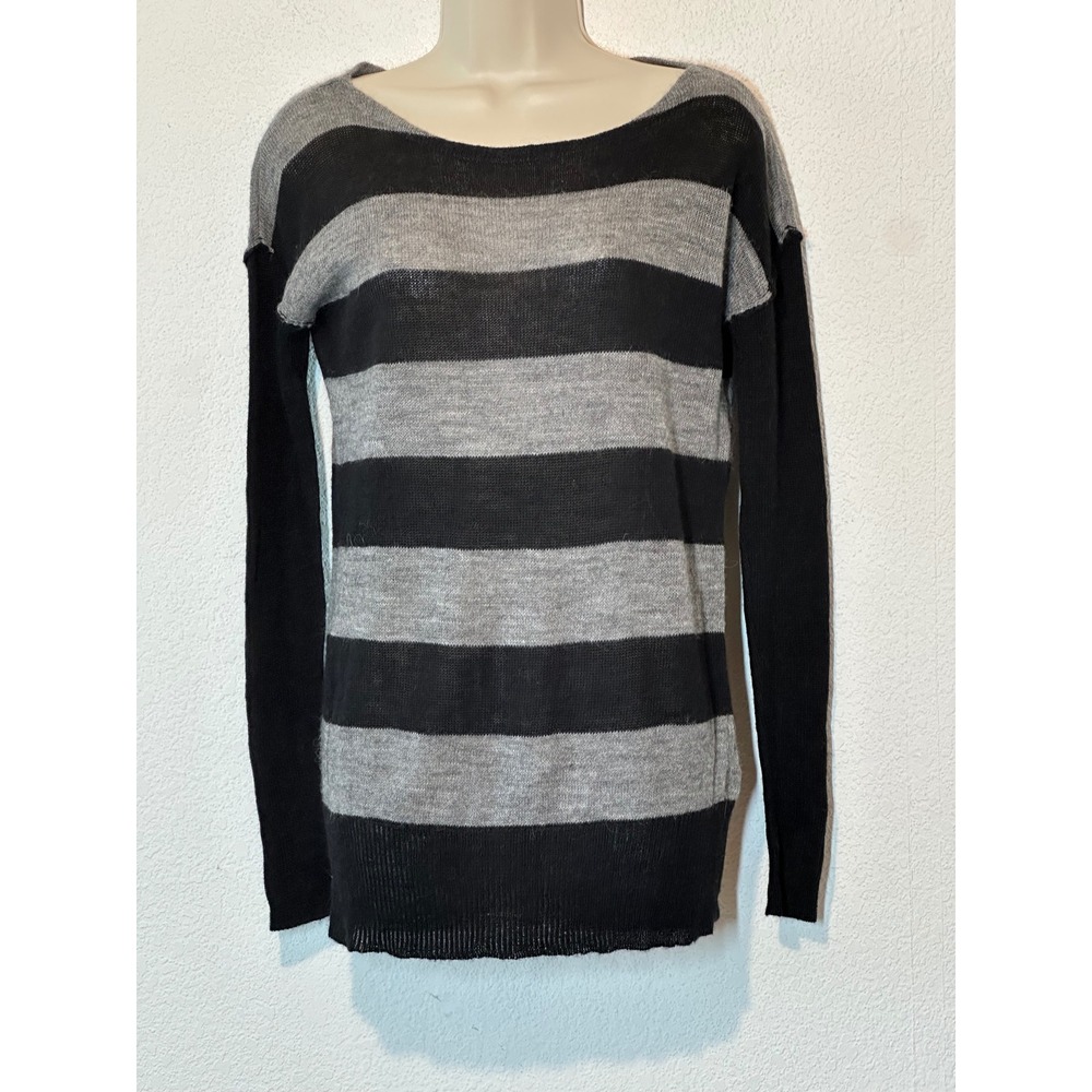 J.Crew Womens XS Alpaca Merino Wool Blend Striped Boat Neck Sweater Black Gray
